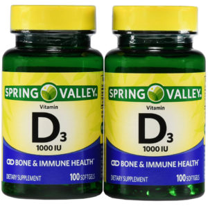 Spring Valley Vitamin D3 Dietary Supplement Softgels, 1000 IU, 100 count, 2 pk